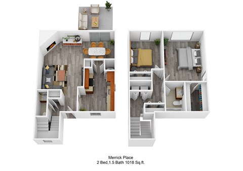 Floor plan for 2 beds, 1.5 baths, 1018 sqft